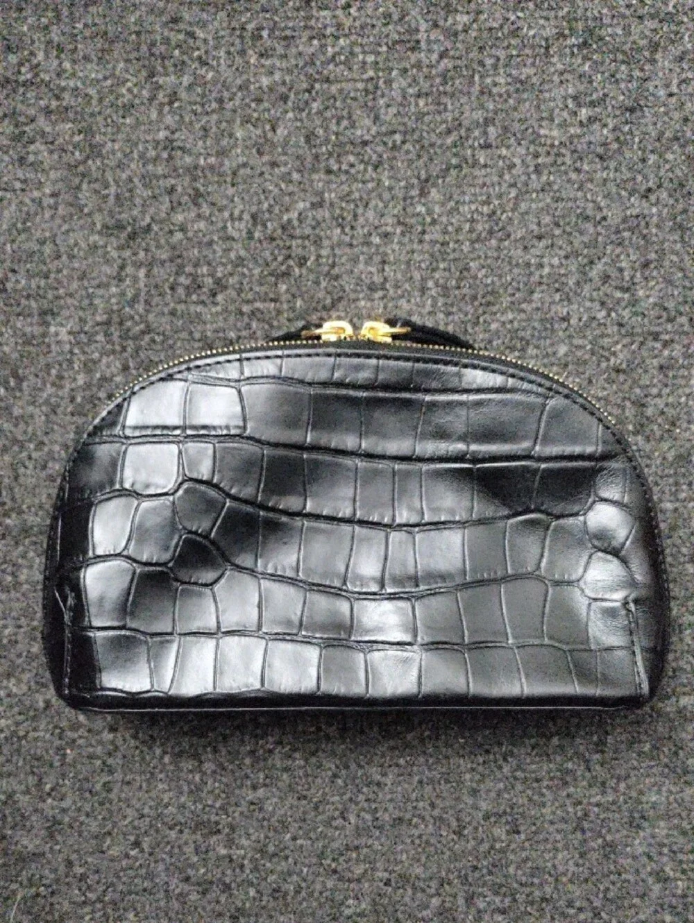 & Other Stories Black Croc-Embossed Dome Cosmetic Pouch with Gold Zipper Tags